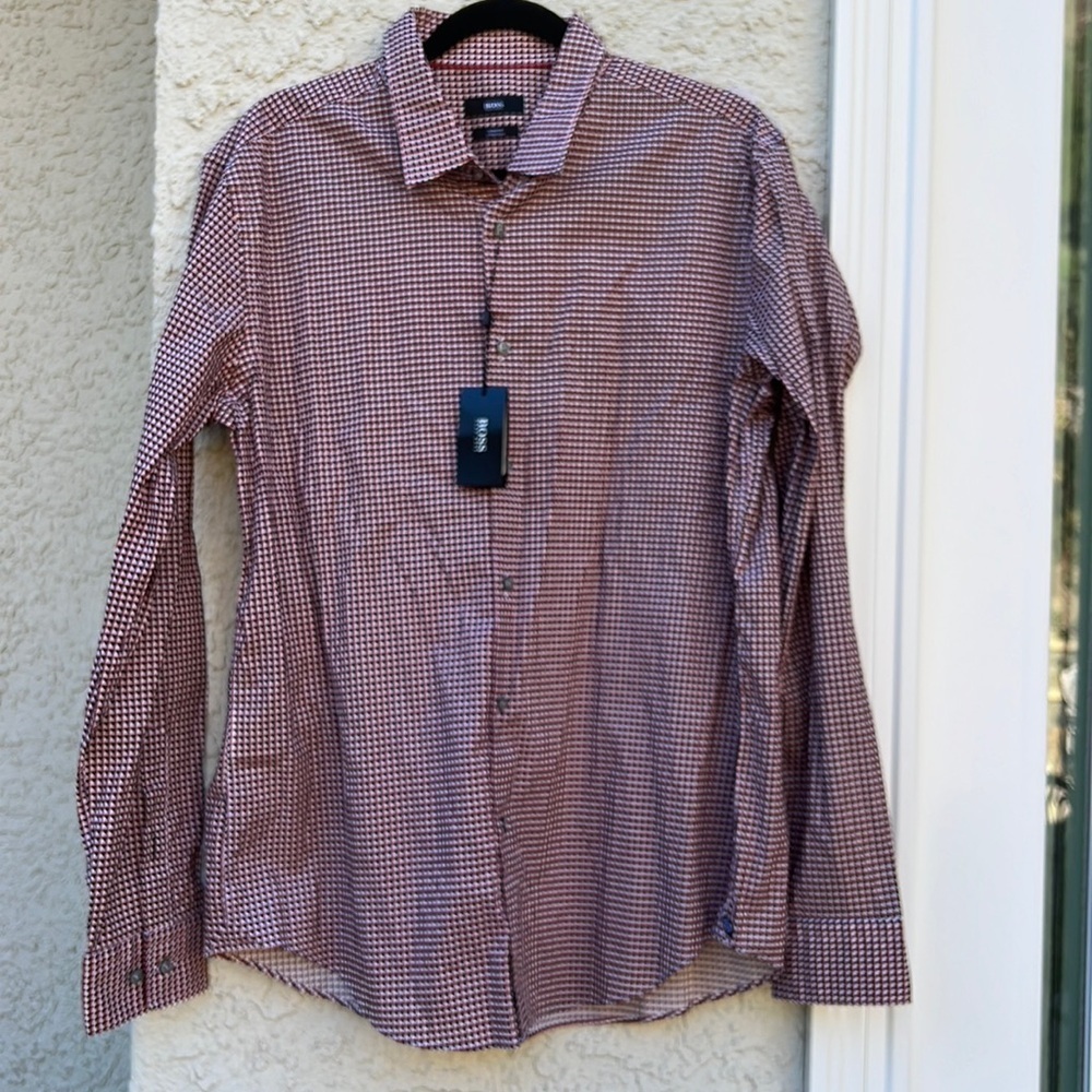Hugo Boss Men's Ronni Red/Black Slim Fit Stretch Button Dress Shirt Size XL NWT
